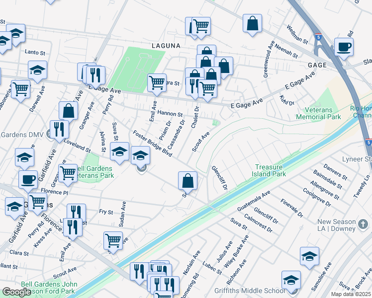 map of restaurants, bars, coffee shops, grocery stores, and more near 6639 Chalet Drive in Bell Gardens