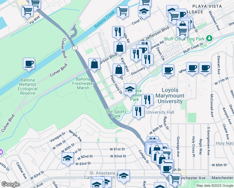 map of restaurants, bars, coffee shops, grocery stores, and more near 7101 Playa Vista Drive in Los Angeles