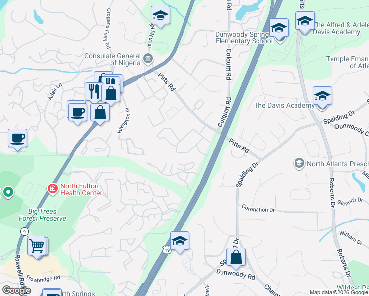 map of restaurants, bars, coffee shops, grocery stores, and more near 1067 Pitts Road in Atlanta