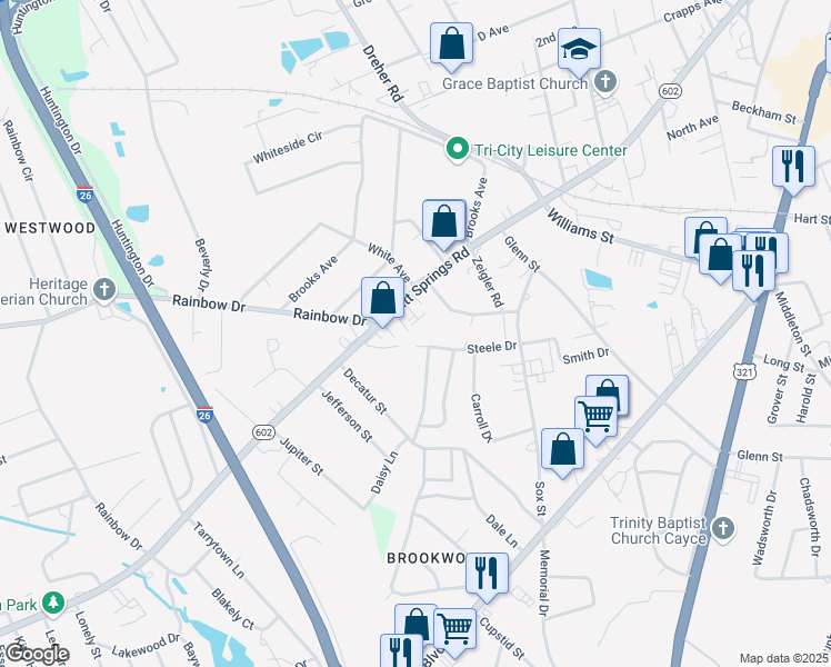 map of restaurants, bars, coffee shops, grocery stores, and more near 2217 Platt Springs Road in West Columbia