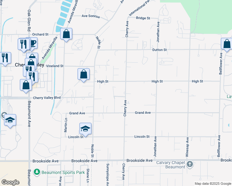 map of restaurants, bars, coffee shops, grocery stores, and more near 39954 Cherry Valley Boulevard in Cherry Valley