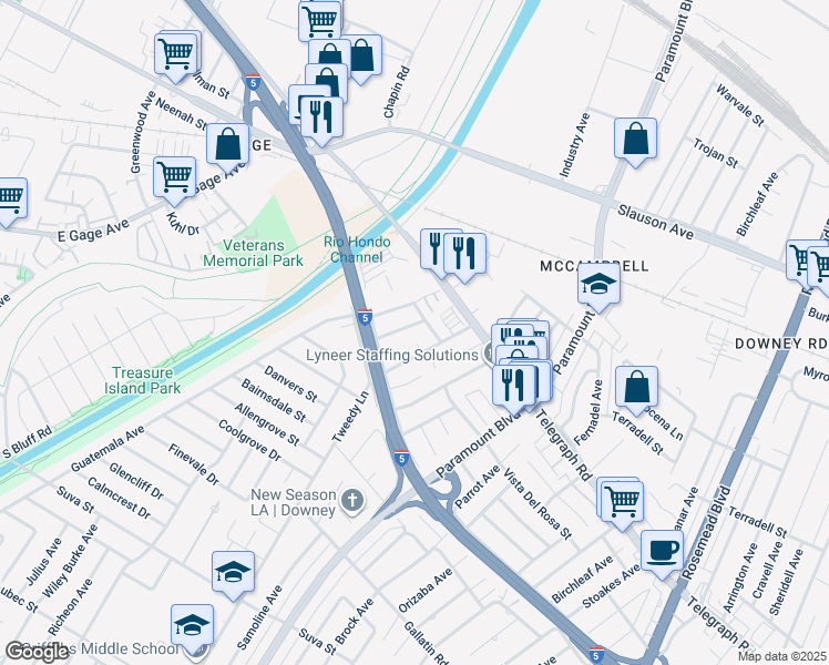map of restaurants, bars, coffee shops, grocery stores, and more near 8514 Smallwood Avenue in Downey