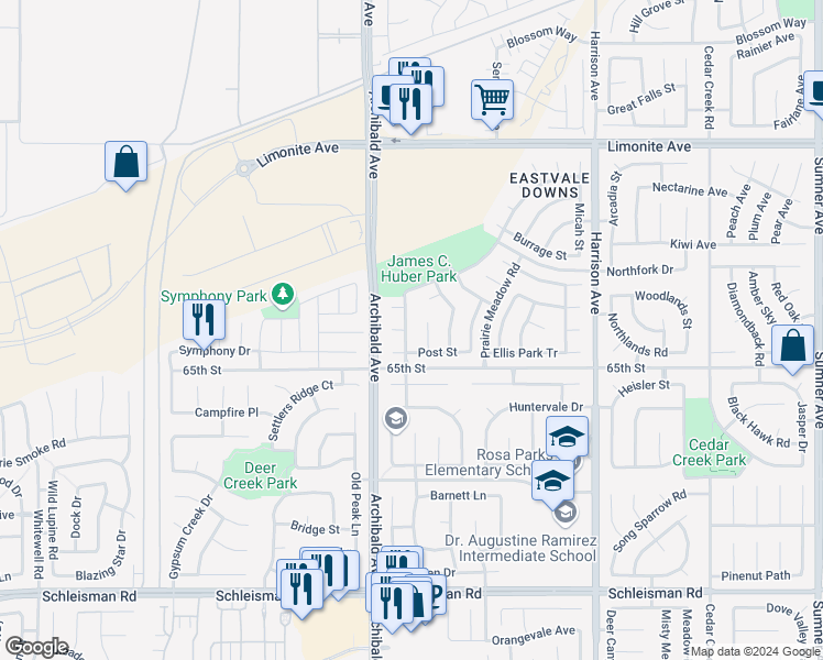map of restaurants, bars, coffee shops, grocery stores, and more near 6538 Long Branch Street in Corona