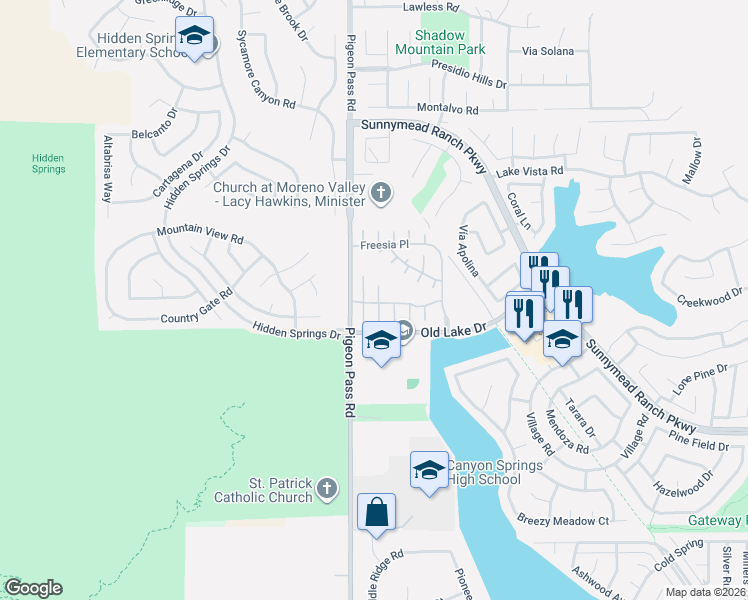 map of restaurants, bars, coffee shops, grocery stores, and more near 10445 Sparrow Court in Moreno Valley