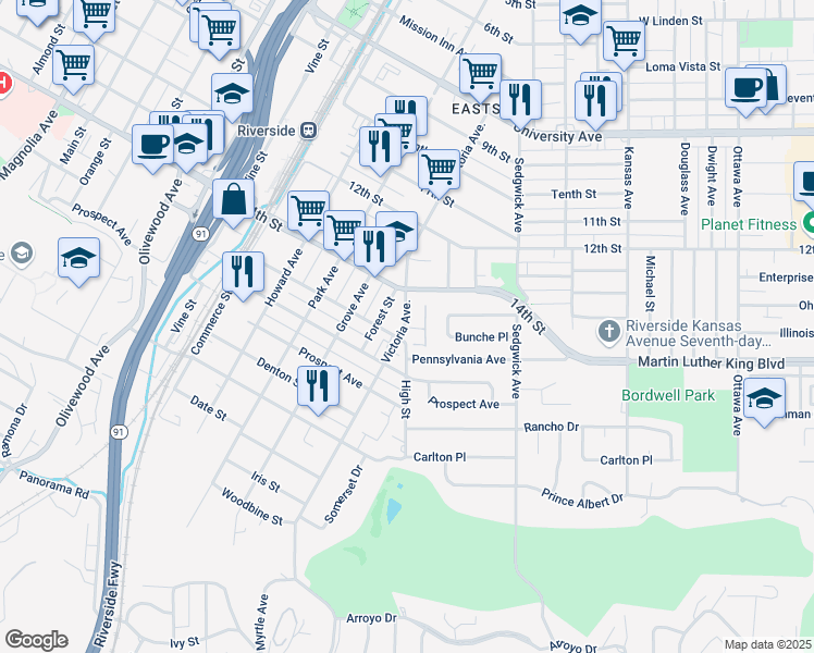 map of restaurants, bars, coffee shops, grocery stores, and more near in Riverside