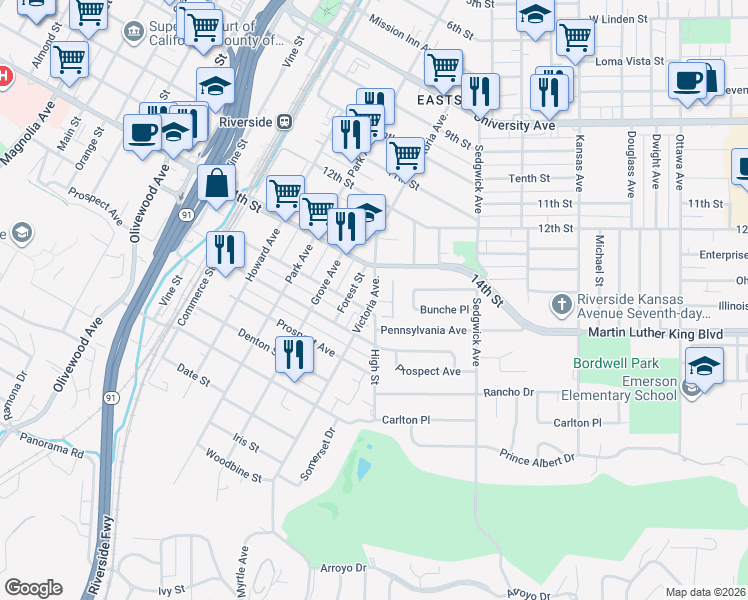 map of restaurants, bars, coffee shops, grocery stores, and more near in Riverside