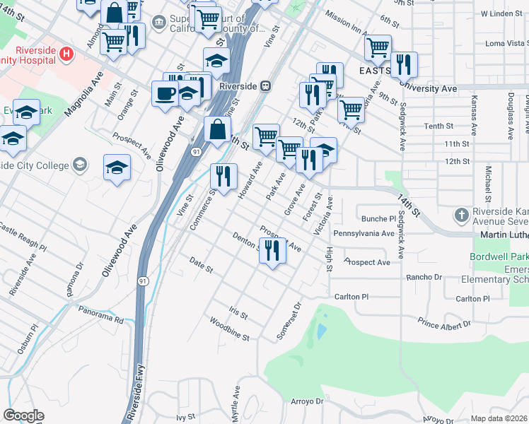 map of restaurants, bars, coffee shops, grocery stores, and more near 4591 Park Avenue in Riverside