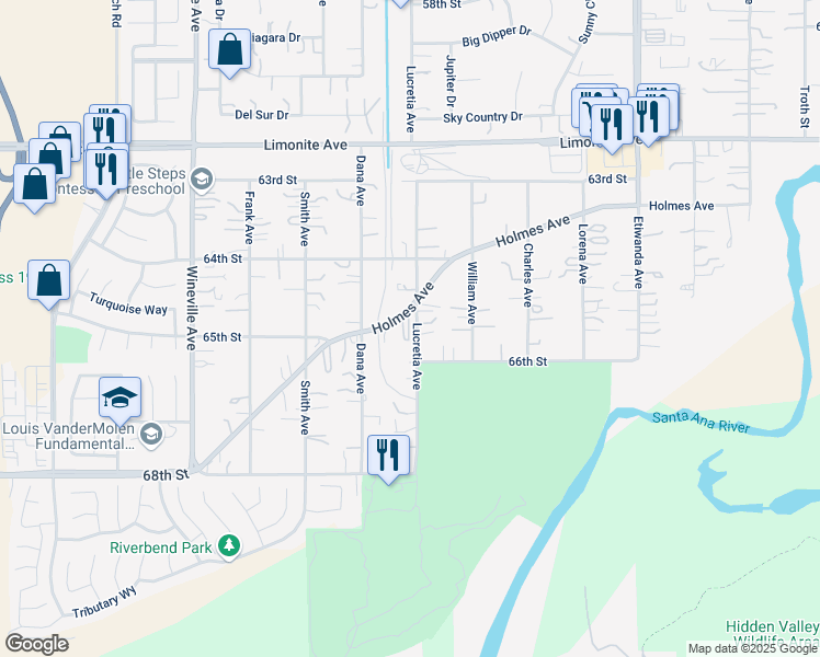 map of restaurants, bars, coffee shops, grocery stores, and more near 11432 Holmes Avenue in Jurupa Valley
