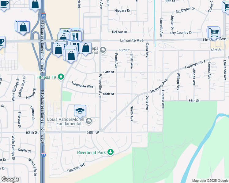 map of restaurants, bars, coffee shops, grocery stores, and more near 11691 65th Street in Jurupa Valley
