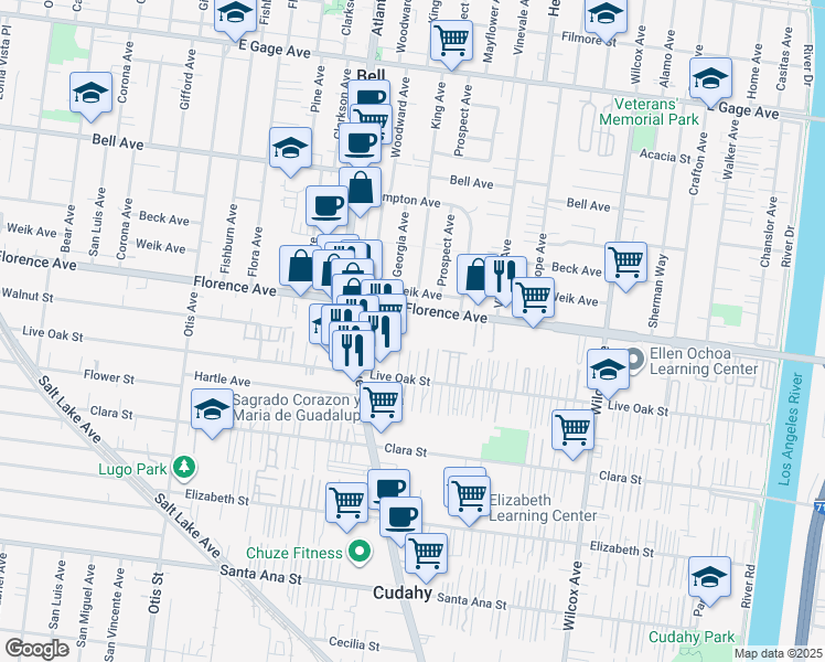 map of restaurants, bars, coffee shops, grocery stores, and more near 4612 Florence Avenue in Bell
