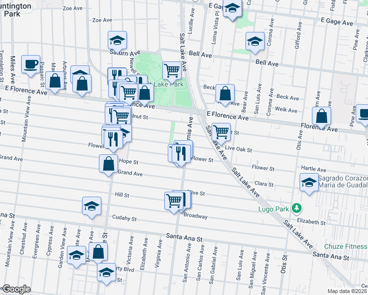 map of restaurants, bars, coffee shops, grocery stores, and more near 3467 Flower Street in Huntington Park