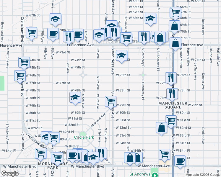 map of restaurants, bars, coffee shops, grocery stores, and more near 2216 West 78th Street in Inglewood