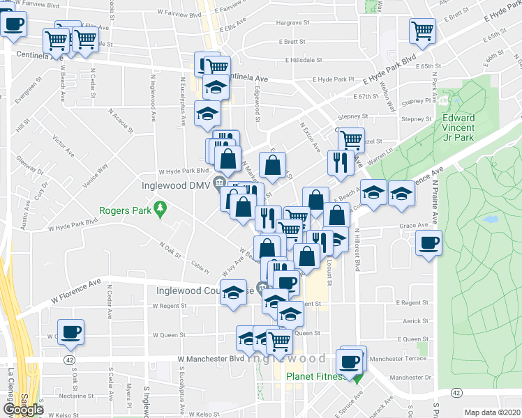map of restaurants, bars, coffee shops, grocery stores, and more near 421 North Market Street in Inglewood