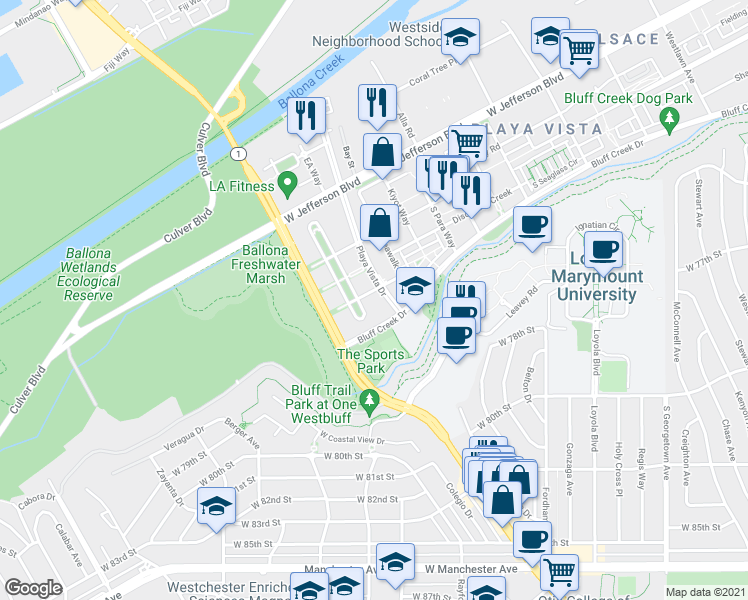 map of restaurants, bars, coffee shops, grocery stores, and more near 7101 Playa Vista Drive in Los Angeles