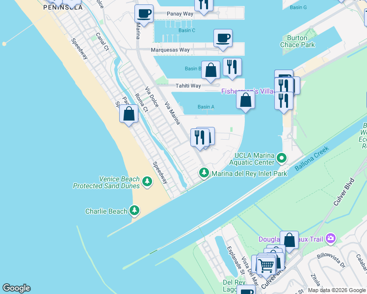 map of restaurants, bars, coffee shops, grocery stores, and more near 138 East Voyage Court in Marina del Rey