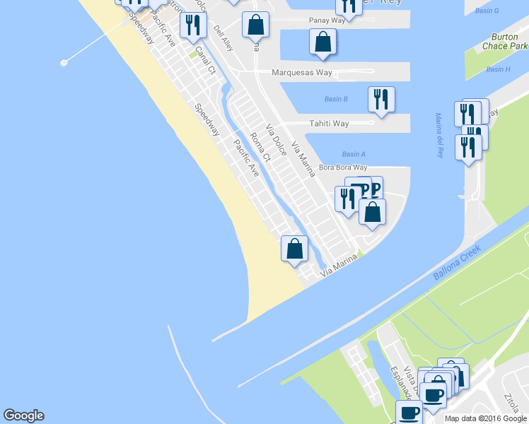map of restaurants, bars, coffee shops, grocery stores, and more near 16 Spinnaker Street in Marina del Rey