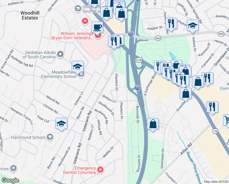map of restaurants, bars, coffee shops, grocery stores, and more near 422 Cami Forest Lane in Columbia