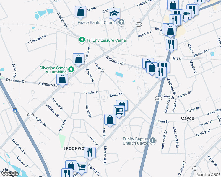 map of restaurants, bars, coffee shops, grocery stores, and more near 1734 Smith Drive in West Columbia