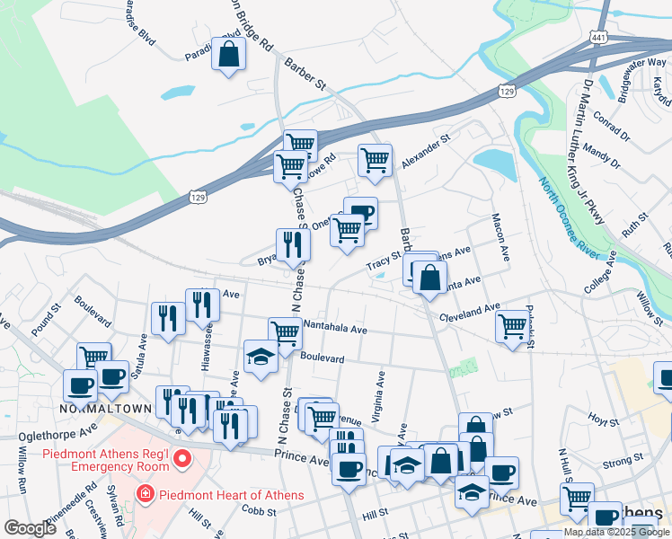 map of restaurants, bars, coffee shops, grocery stores, and more near 1150 North Chase Street in Athens