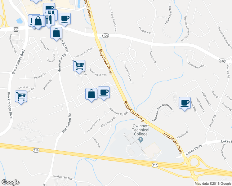 map of restaurants, bars, coffee shops, grocery stores, and more near 1601 Gardner Park Drive in Lawrenceville