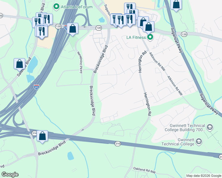 map of restaurants, bars, coffee shops, grocery stores, and more near 1697 Eric Circle in Lawrenceville