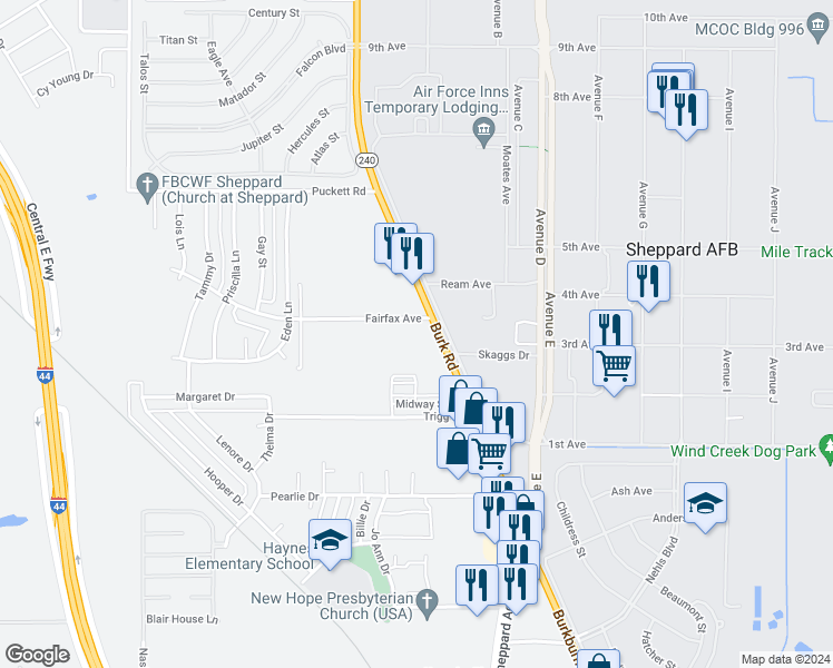 map of restaurants, bars, coffee shops, grocery stores, and more near 4240 Burkburnett Road in Wichita Falls