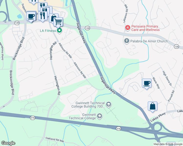 map of restaurants, bars, coffee shops, grocery stores, and more near Gardner Park Court in Gwinnett County