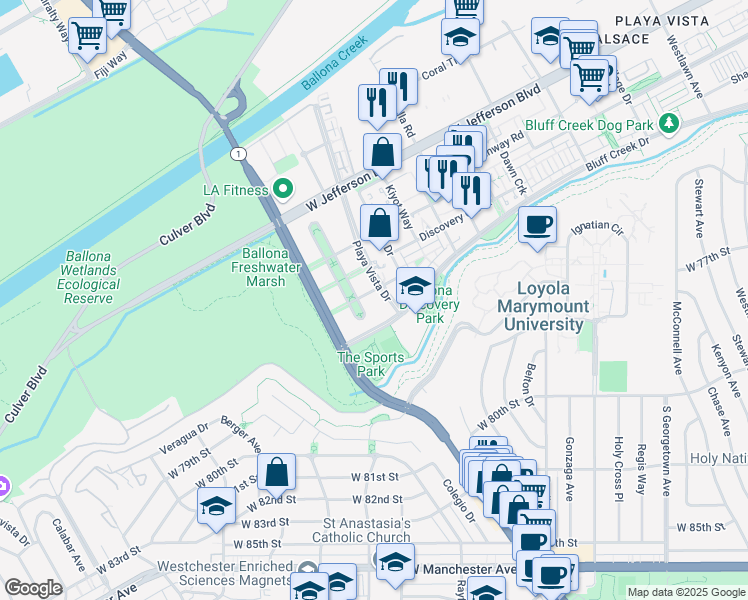 map of restaurants, bars, coffee shops, grocery stores, and more near 7101 Playa Vista Drive in Los Angeles