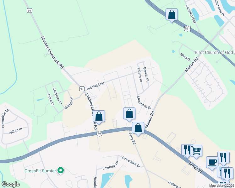 map of restaurants, bars, coffee shops, grocery stores, and more near 1702 Ruger Drive in Sumter