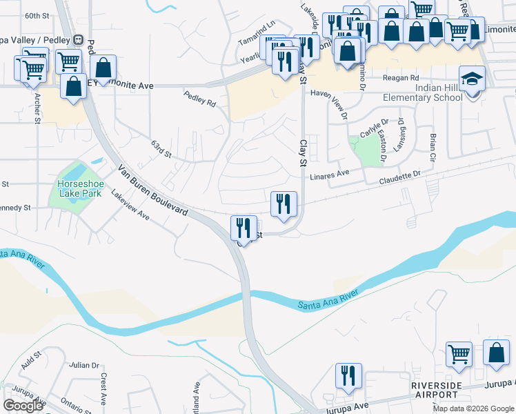 map of restaurants, bars, coffee shops, grocery stores, and more near 8384 Peachwillow Court in Jurupa Valley