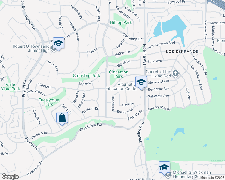 map of restaurants, bars, coffee shops, grocery stores, and more near 3881 Valle Vista Drive in Chino Hills