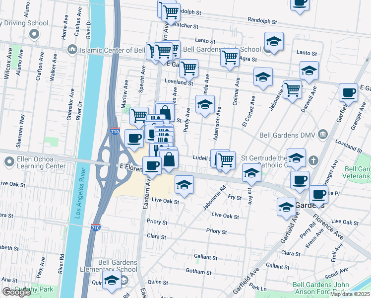 map of restaurants, bars, coffee shops, grocery stores, and more near 6935 Purdy Avenue in Bell Gardens