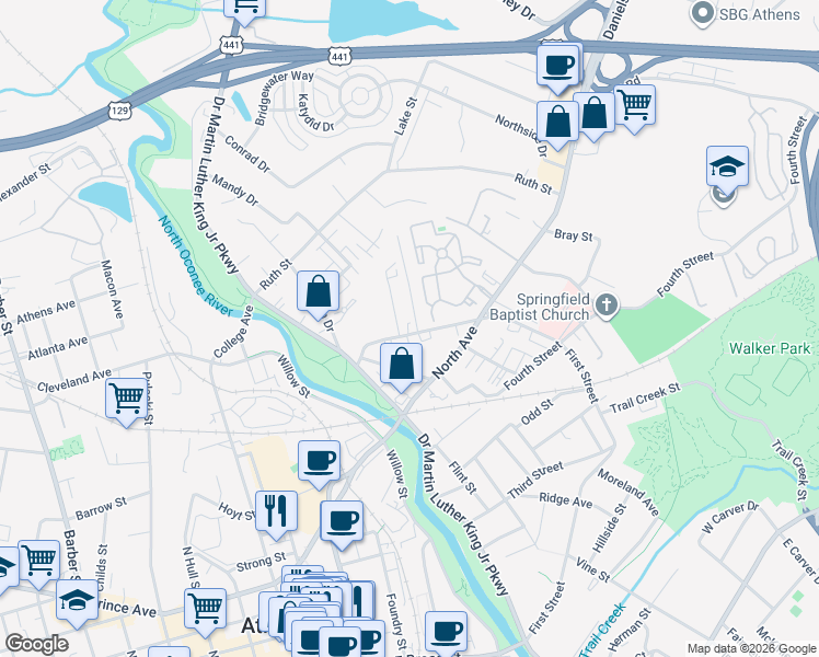 map of restaurants, bars, coffee shops, grocery stores, and more near 162 Strickland Avenue in Athens