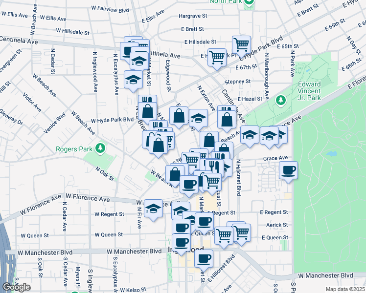 map of restaurants, bars, coffee shops, grocery stores, and more near 217 East Ivy Avenue in Inglewood