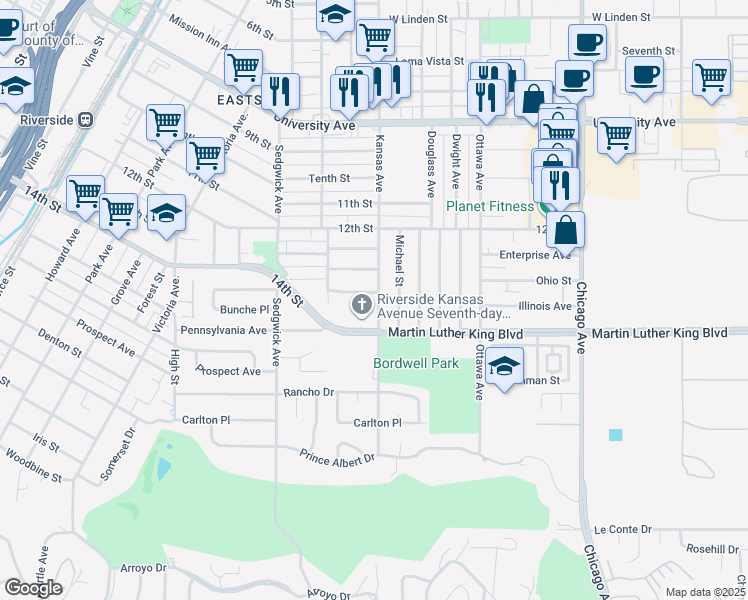 map of restaurants, bars, coffee shops, grocery stores, and more near 2112 Vasquez Place in Riverside