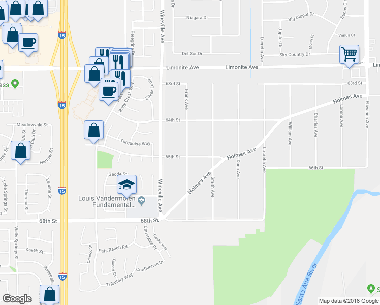 map of restaurants, bars, coffee shops, grocery stores, and more near 11691 65th Street in Jurupa Valley