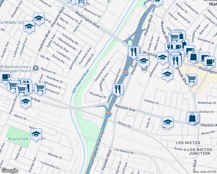 map of restaurants, bars, coffee shops, grocery stores, and more near 10541 Lindenvale Road in Whittier
