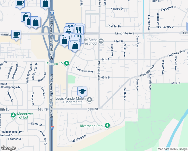 map of restaurants, bars, coffee shops, grocery stores, and more near 6563 Kunzite Court in Jurupa Valley