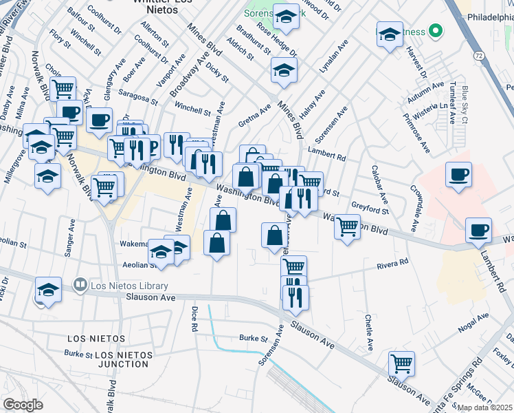 map of restaurants, bars, coffee shops, grocery stores, and more near 11720 Washington Boulevard in Whittier