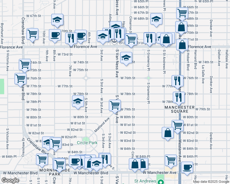 map of restaurants, bars, coffee shops, grocery stores, and more near 2216 West 78th Street in Inglewood