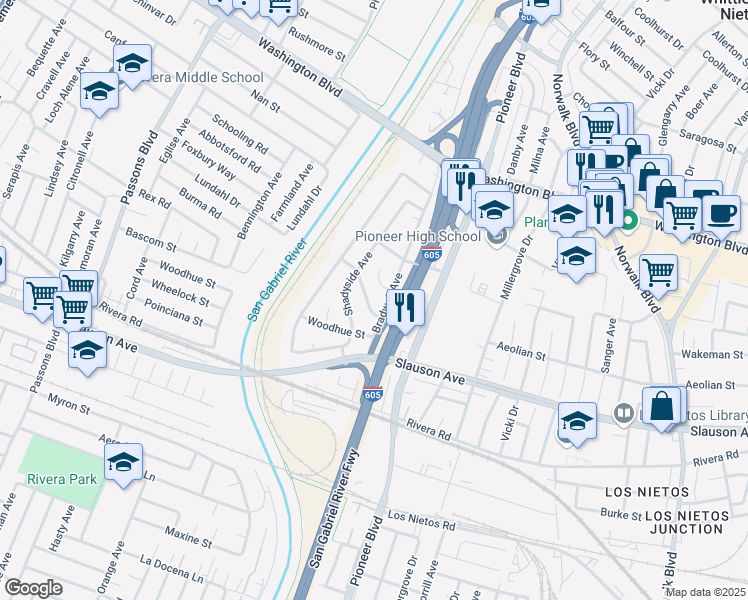 map of restaurants, bars, coffee shops, grocery stores, and more near 10541 Lindenvale Road in Whittier