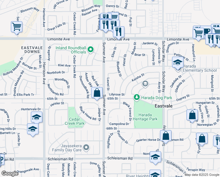 map of restaurants, bars, coffee shops, grocery stores, and more near 6536 Laurel Street in Corona