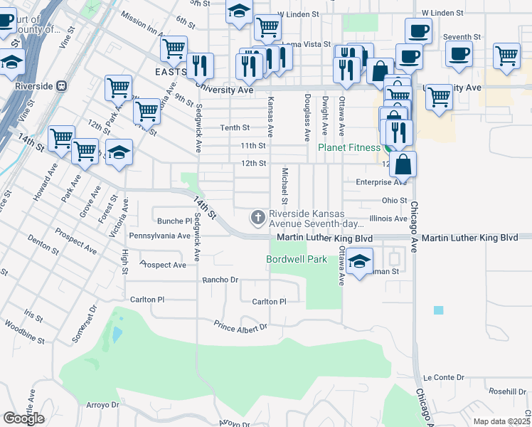 map of restaurants, bars, coffee shops, grocery stores, and more near 2112 Vasquez Place in Riverside