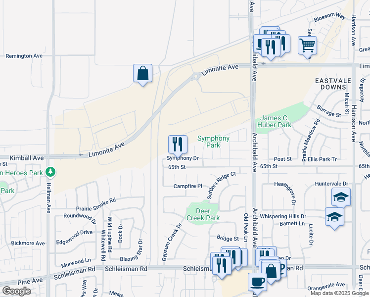 map of restaurants, bars, coffee shops, grocery stores, and more near 6571 Crescendo Court in Corona