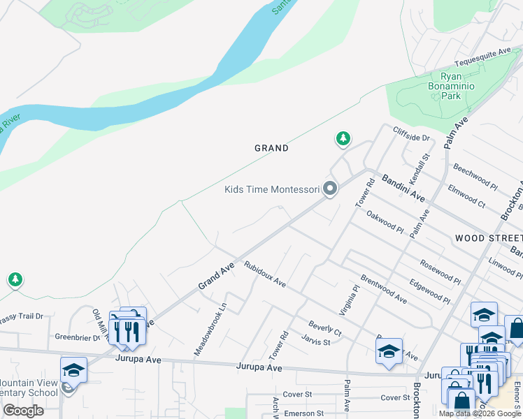 map of restaurants, bars, coffee shops, grocery stores, and more near 5687 Old Ranch Road in Riverside