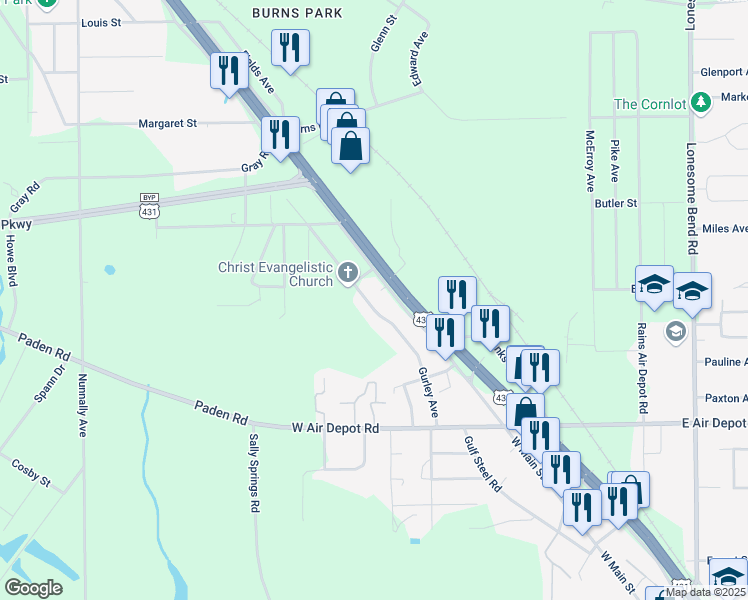 map of restaurants, bars, coffee shops, grocery stores, and more near 3205 East Broad Street in Gadsden