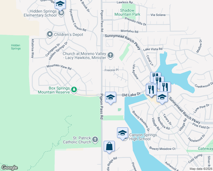 map of restaurants, bars, coffee shops, grocery stores, and more near 10426 Sparrow Court in Moreno Valley