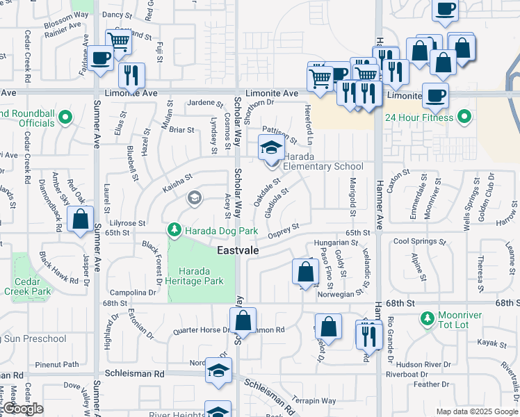 map of restaurants, bars, coffee shops, grocery stores, and more near 6561 Gladiola Street in Corona