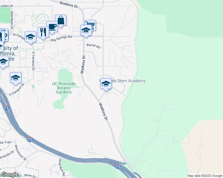 map of restaurants, bars, coffee shops, grocery stores, and more near 132 East Manfield Street in Riverside