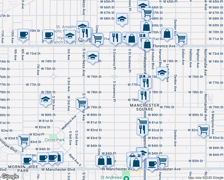 map of restaurants, bars, coffee shops, grocery stores, and more near 2012 West 78th Street in Los Angeles